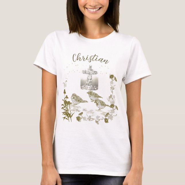Christian T-Shirt Blommigt Kor w Birds & Flowers (Framsida)