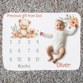 Christian Teddy Bear Milestone Baby Blanket Bebisfilt