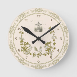 Christian Wall Clock with Birds, Flowers, Kor Rund Klocka