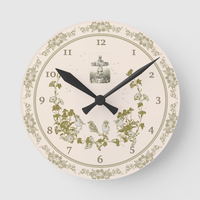 Christian Wall Clock with Birds, Flowers, Kor Rund Klocka (Framsida)