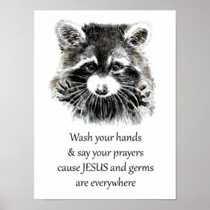 Christian Washroom Tvättar Händer Raccoon Animal Poster
