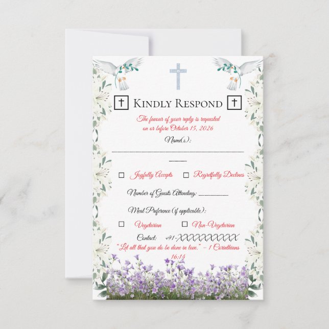 Christian Wedding RSVP Card with Cross OSA Kort (Framsida)