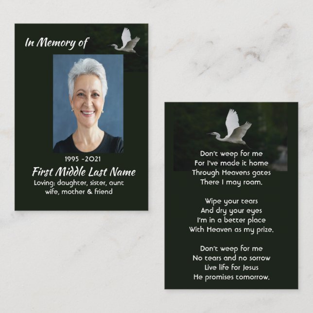 Christian White Egret Bird Memorial Keepsake  Visitkort (Fram/baksida)