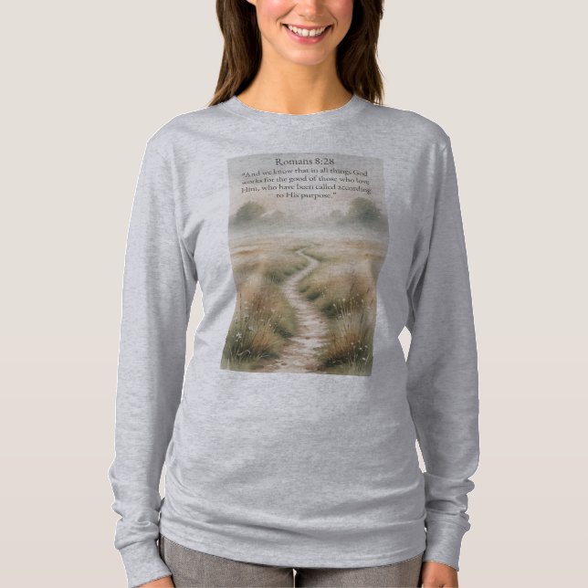 Christian Women's Romans 8:28 Long Sleeve Tee (Framsida)