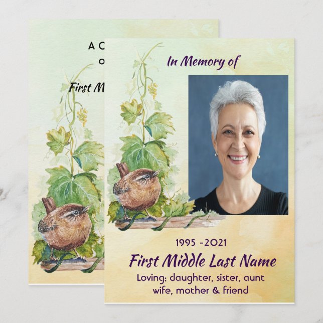 Christian Wren Bird Vineyard Celebration of Life Inbjudningar (Fram/baksida)