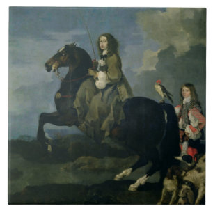 Christina av sverigen (1626-89) på hästryggen, kakelplatta