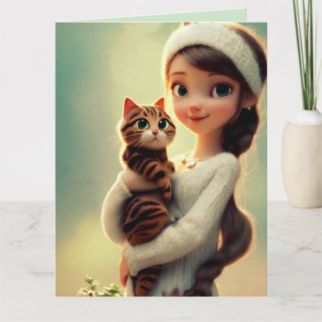 CHRISTISK TÄNKNING AV DIG GIRL CAT-GREETINGKORT KORT (Framsida)