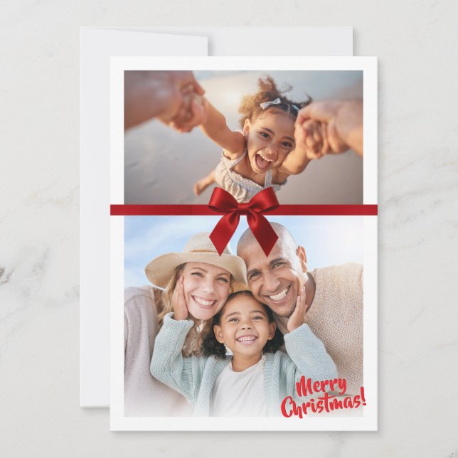 CHRISTMAS 2 PHOTO modern gift cute red ribbon bow Julkort (Framsida)
