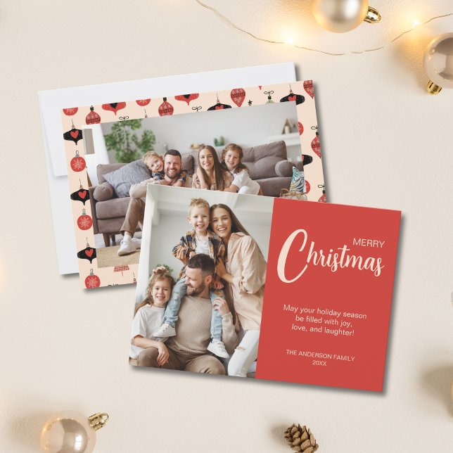 Christmas 2 Photos Family Red Julkort (Christmas 2 Photos Family Red Holiday Card)