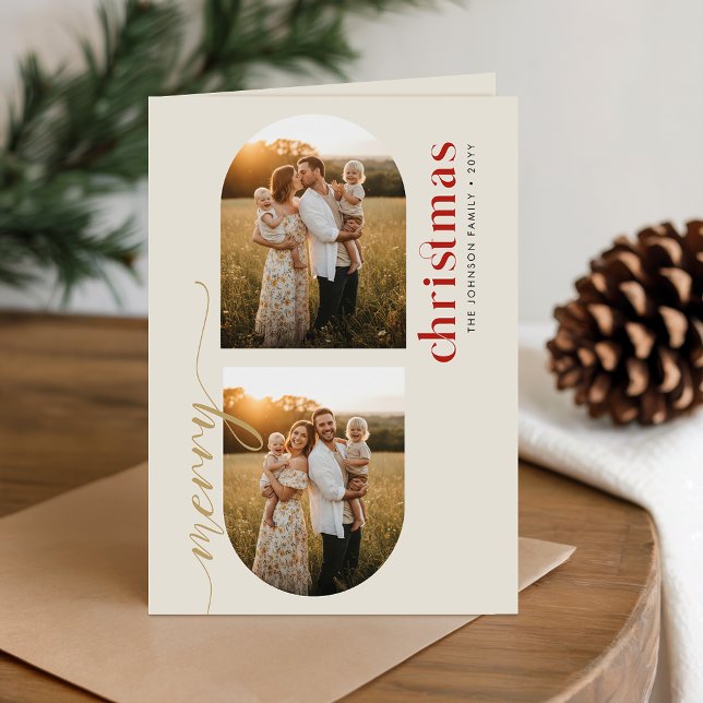 Christmas 3 Photo Arch Beige Ivory Family Folded Helgkort (Skapare uppladdad)