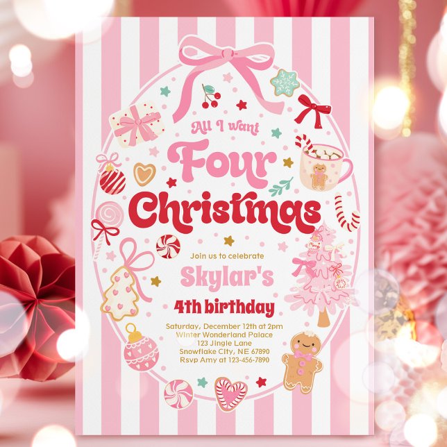 Christmas 4th Birthday Party Coquette Bow Birthday Inbjudningar (Skapare uppladdad)