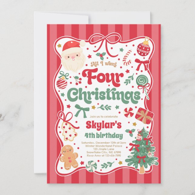 Christmas 4th Birthday Party Coquette Bow Birthday Inbjudningar (Framsida)