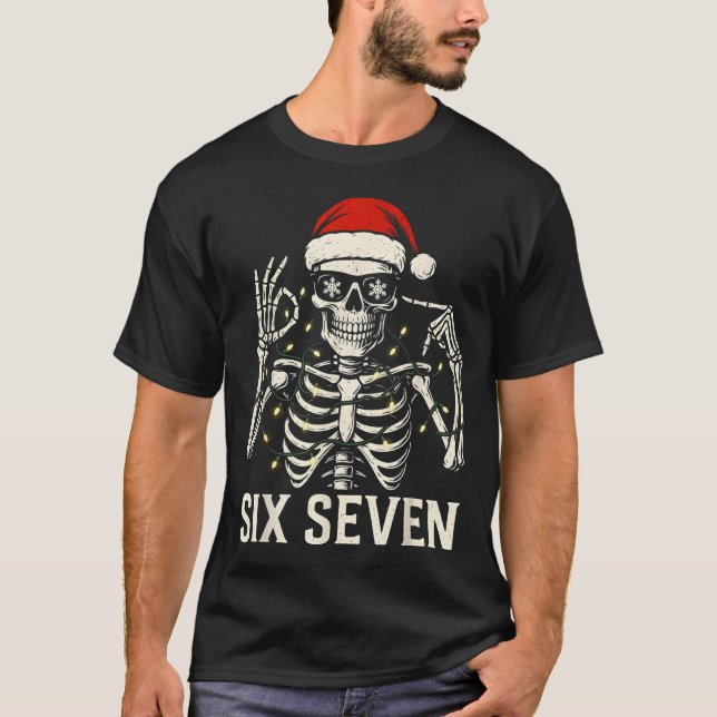 Christmas 67 Meme Skeleton With Santa Hat For Men  T Shirt (Framsida)