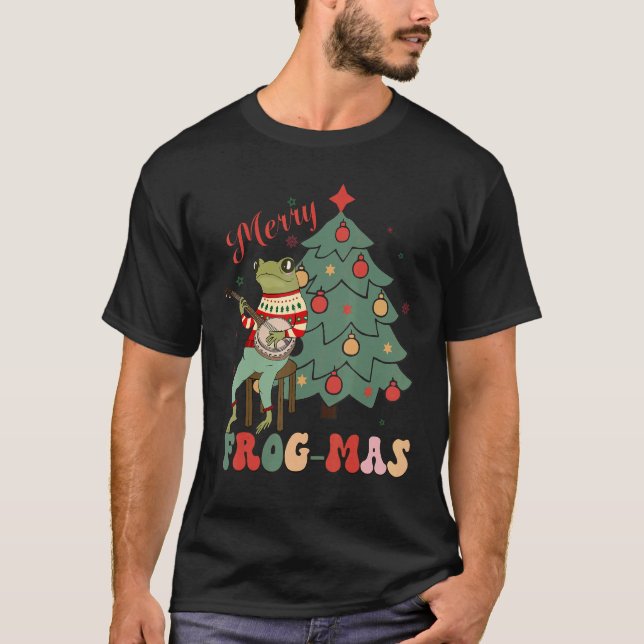 Christmas Aesthetic Cute Frog Playing Bonjo Merry  T Shirt (Framsida)