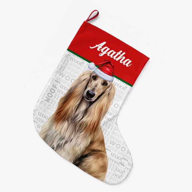 Christmas Afghan Hound Dog Name Woof Background Stor Julstrumpa (Framsidan (Hängande))