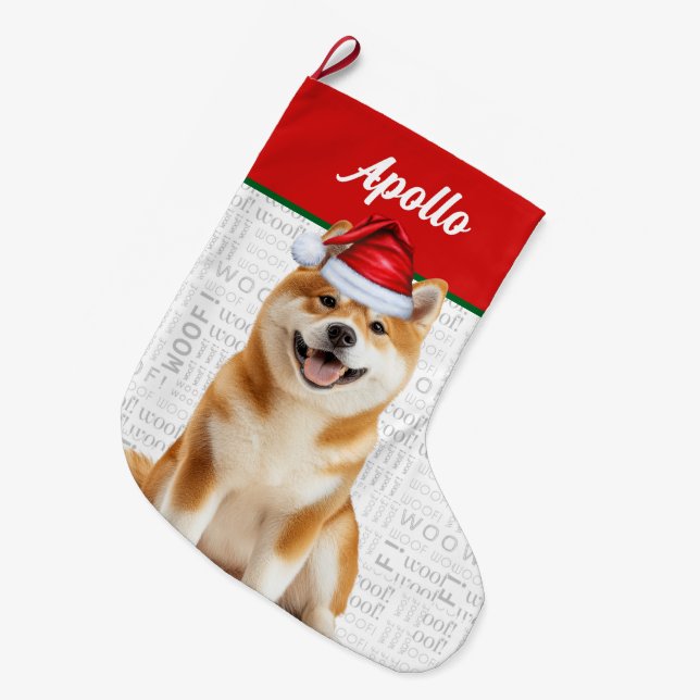 Christmas Akita Dog with Name Woof Background Stor Julstrumpa (Framsidan (Hängande))