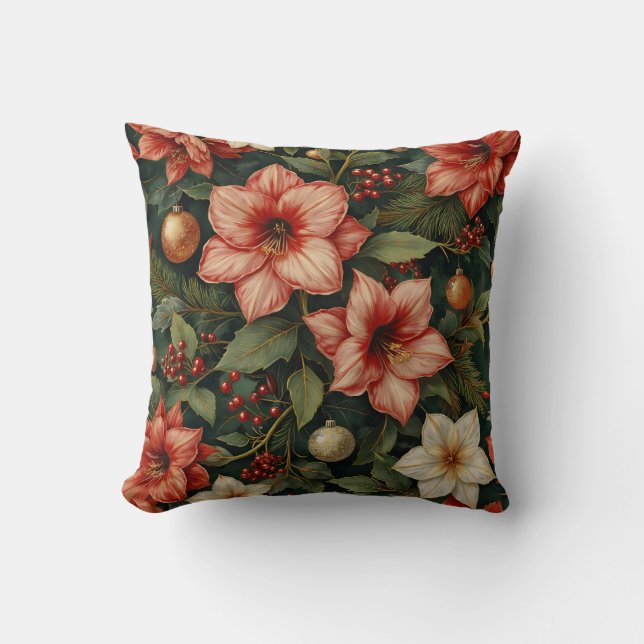 Christmas Amaryllis & Ornament Floral Pillow Kudde (Framsida)