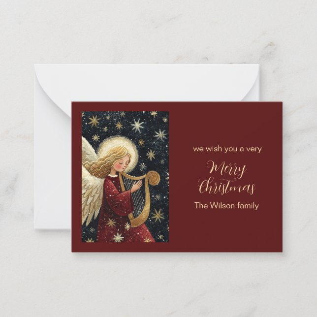Christmas Angel Harp Starry Night Holiday Card Anteckningskort (Framsida)