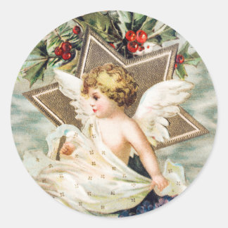 CHRISTMAS ANGEL MED HOLLY ROUND Sticker Runt Klistermärke