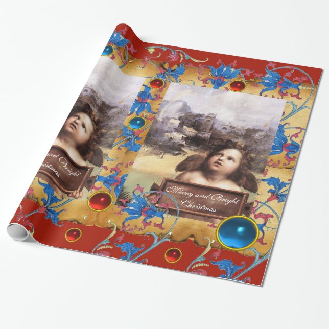 CHRISTMAS ANGEL, RED BLUE BLOMMIGT PARCHMENT OCH G PRESENTPAPPER (Utrullad)