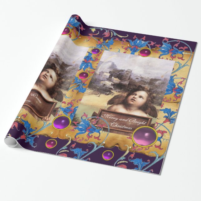 CHRISTMAS ANGEL,RED BLUE BLOMMIGT PARCHMENT ROSA G PRESENTPAPPER (Utrullad)