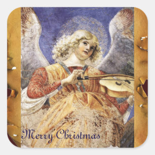 CHRISTMAS ANGEL SKAPAR MUSIC ANTIQUE PARCHMENT FYRKANTIGT KLISTERMÄRKE