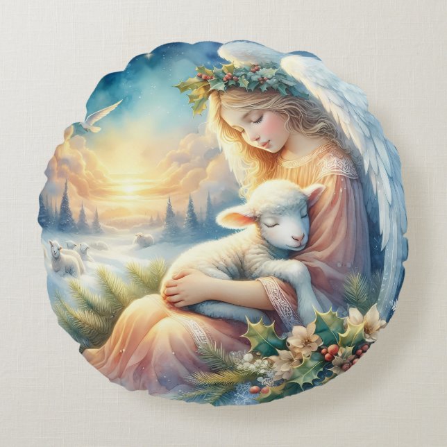 Christmas Angel with Lamb in Winter Peace Rund Kudde (Framsidan)