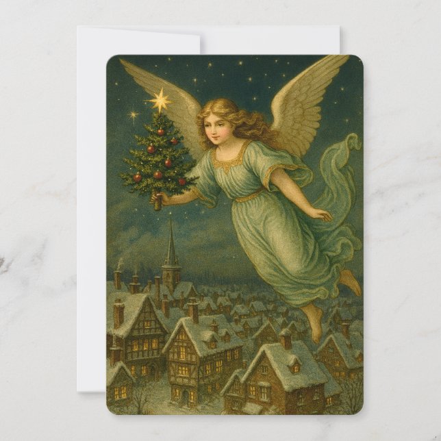 Christmas Angel With Tree Retro Victorian Era Julkort (Framsida)