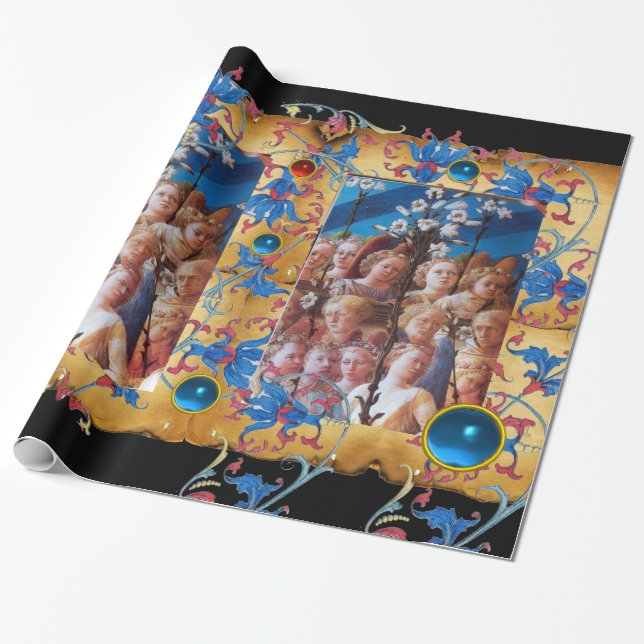 CHRISTMAS ÄNGLAR PARCHMENT,RED BLÅA BLOMMOR,GEMS PRESENTPAPPER (Utrullad)