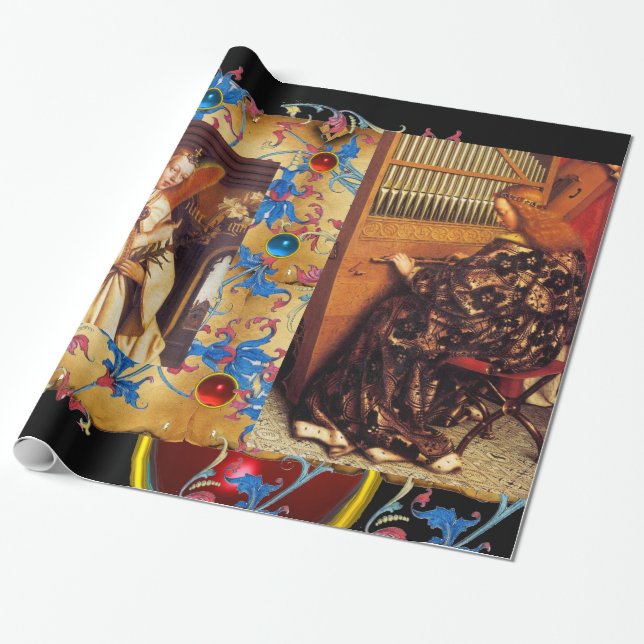 CHRISTMAS ÄNGLAR, RED BLUE GEMS, BLOMMIGT PARCHMEN PRESENTPAPPER (Utrullad)