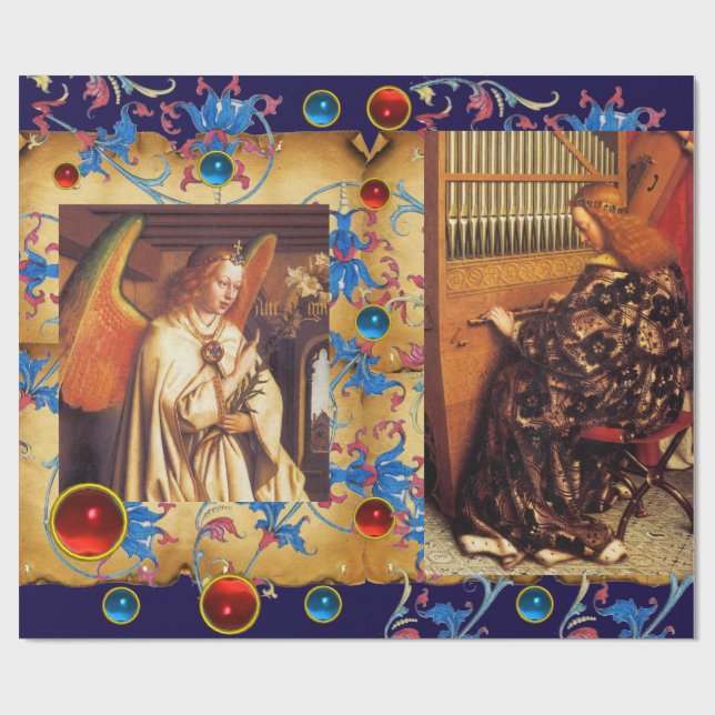 CHRISTMAS ÄNGLAR, RED BLUE GEMS, BLOMMIGT PARCHMEN PRESENTPAPPER (Platt)