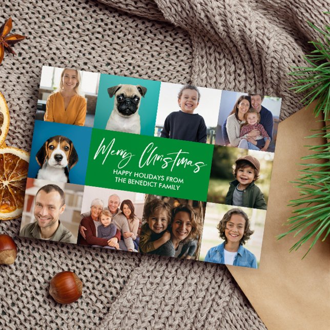 CHRISTMAS ÅR IN REVIEW 10 PHOTOS BLUE GRÄS JULKORT (GREEN TEN PHOTOS FAMILY POSTCARD WITH CALLIGRAPHY ACCENT AND FAMILY NAME. BEST INSTAGRAM PHOTOS)