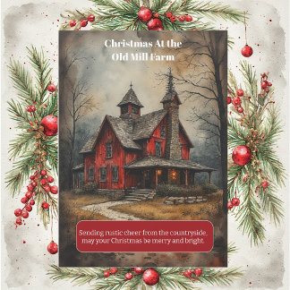 Christmas at the Old Mill Farm Rustic Country Life Julkort