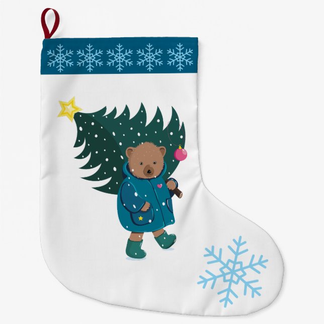 Christmas Baby Bear Christmas Tree Snowflakes.  Stor Julstrumpa (Framsidan)