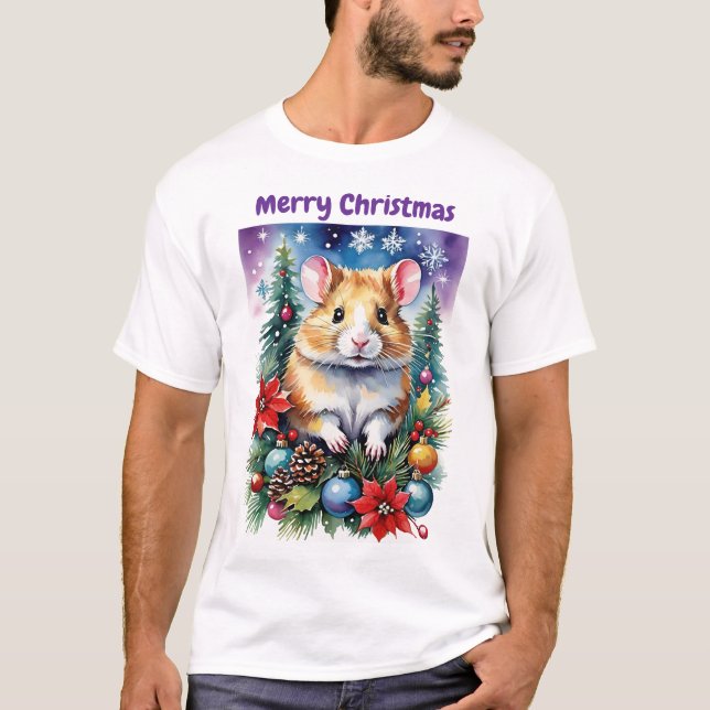 Christmas Baby Hampster Purple Night & Ornaments T Shirt (Framsida)