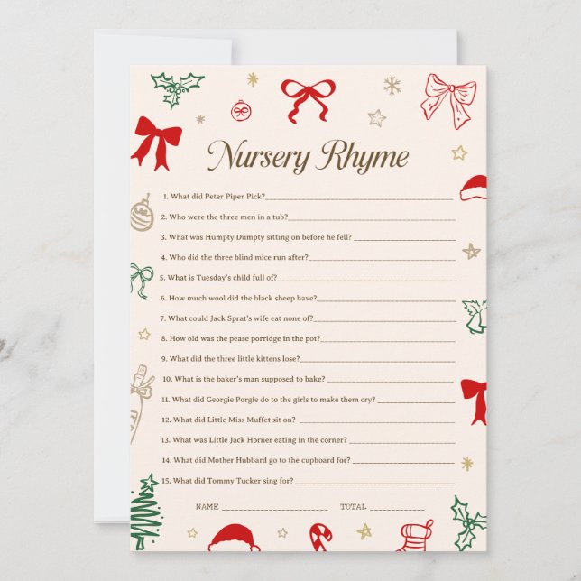 Christmas Baby Shower Nursery Rhyme Game Printable Inbjudningar (Framsida)