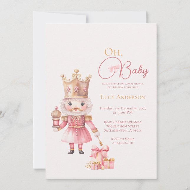 Christmas Baby Shower Pink Nutcracker Watercolor  Inbjudningar (Framsida)