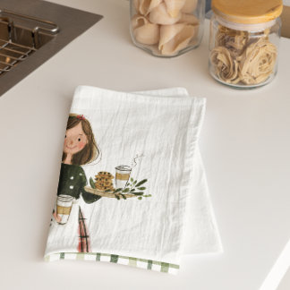 Christmas Baking Lady with Cat Personalized Kökshandduk