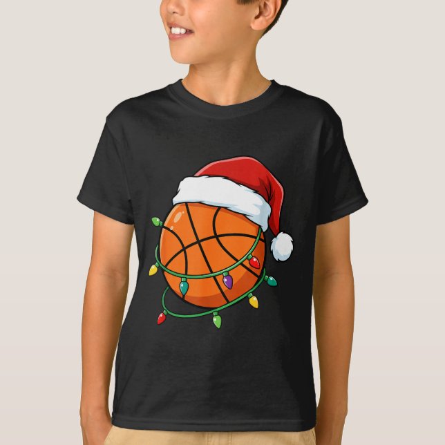 Christmas Basketball Santa Hat Wrapped In Lights H T Shirt (Framsida)