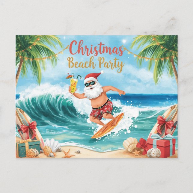 Christmas Beach Party – Tropical Santa Surfing  Inbjudan Vykort (Framsida)