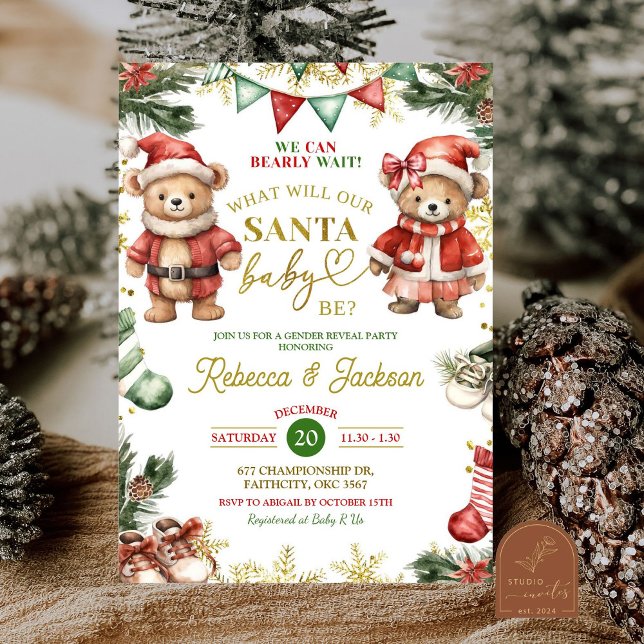 Christmas Bear Santa Baby Gender Reveal  Inbjudningar (Skapare uppladdad)