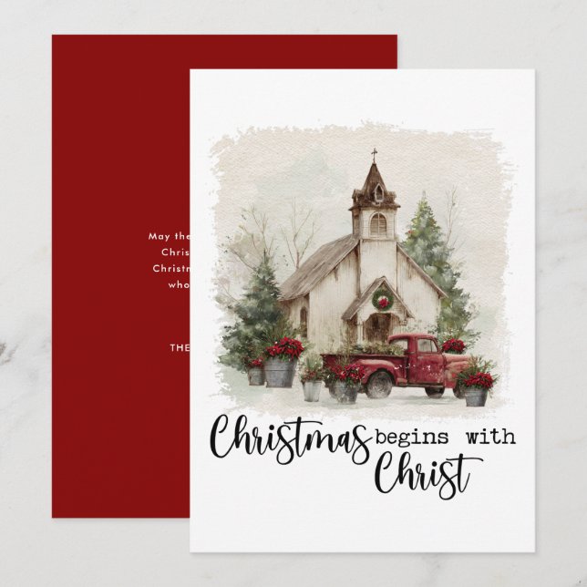 Christmas Begins With Christ Rustic Red Truck Julkort (Fram/baksida)