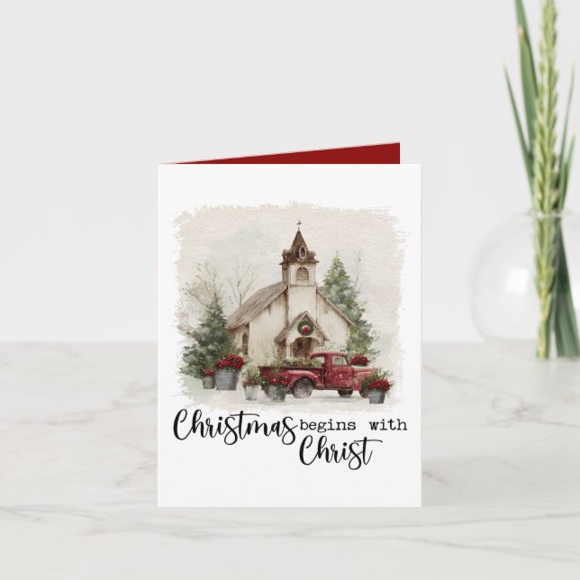 Christmas Begins With Christ Watercolor Red Truck Helgkort (Framsida)