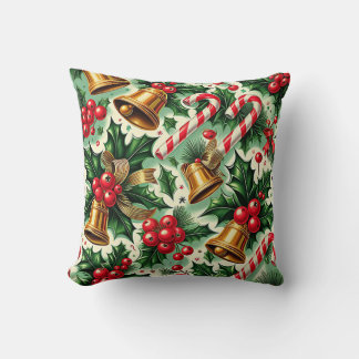 Christmas Bells holly candy canes art pattern Kudde
