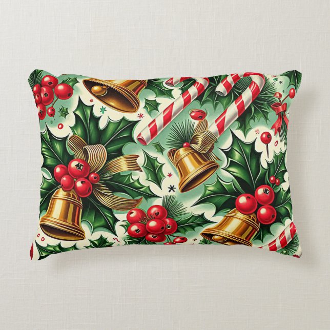 Christmas Bells holly candy canes art pattern Prydnadskudde (Framsidan)