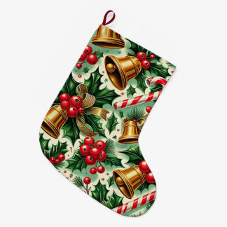 Christmas Bells holly candy canes art pattern Stor Julstrumpa