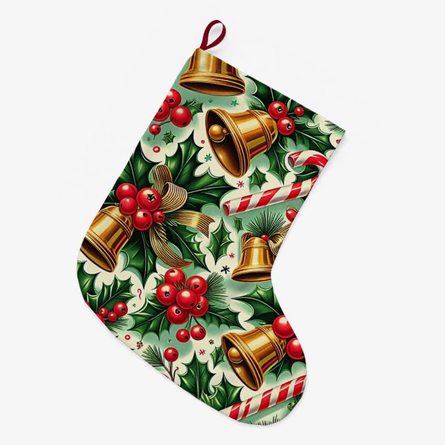 Christmas Bells holly candy canes art pattern Stor Julstrumpa (Framsidan (Hängande))