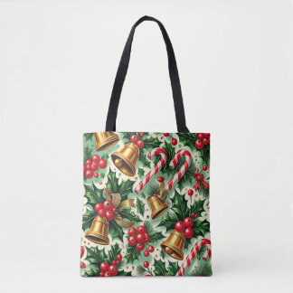 Christmas Bells holly candy canes art pattern Tygkasse