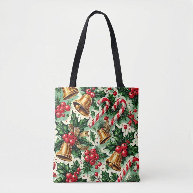 Christmas Bells holly candy canes art pattern Tygkasse (Framsida)