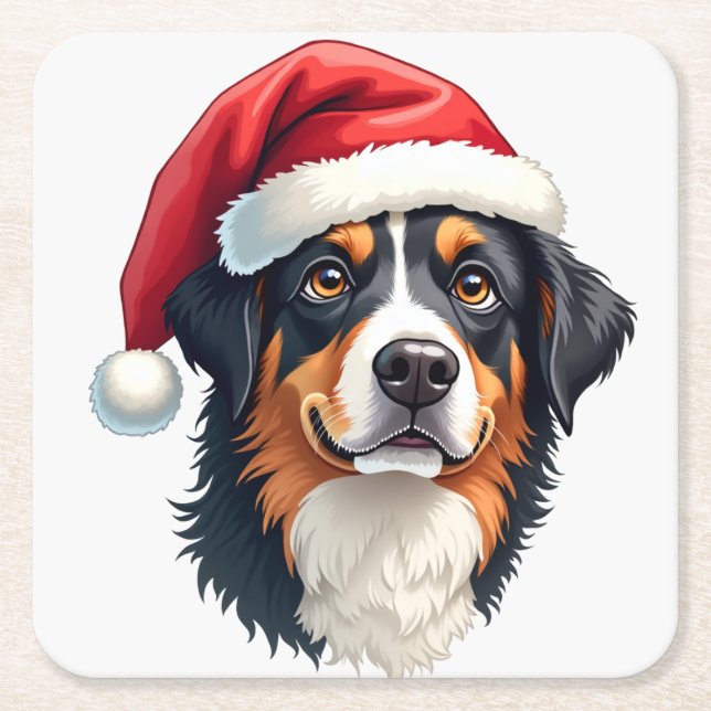 Christmas Bernese Mountain Dog in Santa Hat Underlägg Papper Kvadrat (Framsidan)